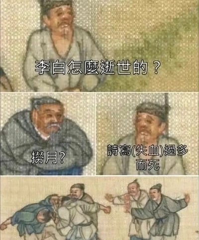 这是一组采用古代市井老者插画制作的连环搞笑漫画，通过对话玩谐音梗制造笑点。第一格中一位老者提问“李白怎麼逝世的？”，第二格另一位老者猜测“撈月？”，呼应了民间流传的李白捞月而亡的传说；第三格第三位老者给出谐音梗答案“詩寫(失血)過多而死”，用“诗写”谐音“失血”，调侃李白一生创作大量诗歌如同“失血过多”；最后一格呈现了听到这个冷笑话的人做出呕吐、被搀扶的夸张反应，进一步放大了谐音梗的搞笑效果，将历史人物的相关传说与网络搞笑文化结合。