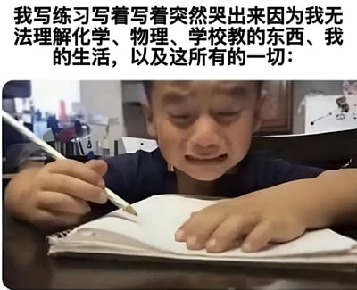 图片上方是黑色加粗文字：“我写练习写着写着突然哭出来因为我无法理解化学、物理、学校教的东西、我的生活，以及这所有的一切：”，下方是一个孩子趴在桌子上写作业的照片。孩子闭着眼睛，嘴巴微张，表情委屈，左手按着笔记本，右手握着笔，似乎正在因学习压力和对生活的迷茫而哭泣。背景中可以看到房间内的书架和一些杂物，营造出居家学习的场景。