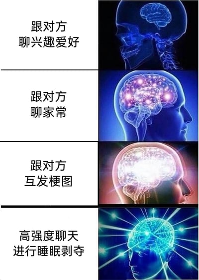 这是一张由四格内容拼接而成的图文梗图，通过递进的大脑活跃程度来调侃不同社交聊天场景下的精力投入状态：第一格“跟对方聊兴趣爱好”对应仅小部分区域激活的大脑，表现出兴趣平平、投入度低；第二格“跟对方聊家常”对应有部分区域点亮的大脑，投入度有所提升；第三格“跟对方互发梗图”对应大面积高亮的大脑，表现出对这类聊天的高度投入和兴奋；第四格“高强度聊天进行睡眠剥夺”对应光芒四射、完全爆发的大脑，夸张地表现出熬夜高强度聊天时的亢奋状态，用幽默的方式展现了不同社交场景下的真实感受。