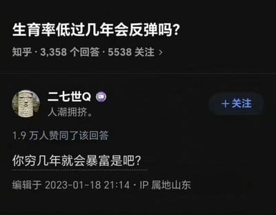 这张图是知乎平台深色模式下的问答界面截图，顶部展示问题“生育率低过几年会反弹吗？”，标注该问题共有3358个回答、5538人关注。下方是用户“二七世Q”的高赞回答，该回答获得1.9万次赞同，内容为反问句“你穷几年就会暴富是吧？”，用类比的方式隐晦表达生育率低的现状不会自然反弹的观点，回答编辑于2023年1月18日21:14，IP属地为山东，整体内容风格犀利直白，属于互联网热门神回复。