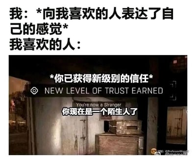 这是一张顶配底文的搞笑扎心梗图，上方文字设定场景为“我”向自己喜欢的人表达了好感，下方搭配一张恐怖游戏的界面截图，截图内的提示文字看似是“获得新级别的信任”，但紧随其后的英文和中文翻译却显示“你现在是一个陌生人了”，用游戏里这种反逻辑的提示效果，来调侃现实中表白翻车的尴尬处境：本以为表白能拉近与喜欢的人的距离，结果反而让对方疏远自己，将自己视作陌生人，通过强烈的反差感制造出搞笑又戳中人心的效果。