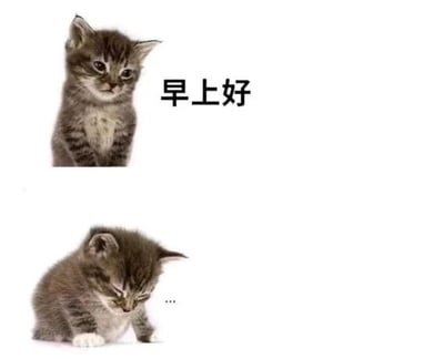 这是一张上下拼接的图文混排对比图，上方是一只灰纹小猫，端正坐着，眼神略带疲惫却强撑着精神，旁边配有文字“早上好”；下方是同一只灰纹小猫，低头耷拉着身体坐着，眼神半眯，神情萎靡，旁边配有省略号“...”。通过上下两张图的状态对比，生动地表现出人们在早晨，尤其是需要早起工作、上学时，嘴上说着早上好，实际身心疲惫、提不起精神的真实状态，用软萌的小猫形象精准共情了大众日常的疲惫情绪。