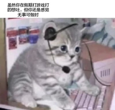 这是一张图文混排的P图改编表情素材图，画面主体是一只灰色条纹小猫，它佩戴着带有麦克风的头戴式耳机，两只前爪放在键盘上，眼睛睁大，神情既专注又带着一丝茫然，仿佛正在专注打游戏。图片上方配有文字“虽然你在假期打游戏打的想吐，但你还是感觉无事可做”，精准描绘了不少人在假期时的状态：明明已经将打游戏这个娱乐项目进行到倦怠，却因为找不到其他有意义或感兴趣的事，只能继续重复这个行为，传递出一种空虚、无奈又无聊的情绪，很容易引发网友的共鸣。