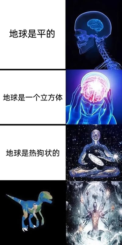 这是一张竖版四格的图文拼接搞笑梗图，每一格左侧呈现越来越离谱的关于地球形状的脑洞设定，右侧搭配对应“认知升级”风格的视觉图像，形成反差搞笑效果：第一格左侧文字为“地球是平的”，右侧是展示人类头骨与大脑的医学风格图像；第二格左侧“地球是一个立方体”，右侧是双手抱头、大脑发光的拟人图像；第三格左侧“地球是热狗状的”，右侧是在星空中打坐、与宇宙融合的人形图像；第四格左侧是身体带有地球图案的恐龙形象，对应没有文字的终极脑洞，右侧是带有多臂、充满神性的灵体类图像。整体通过这种逐步升级的荒诞设定与视觉效果，调侃了各类关于地球形状的离谱阴谋论，用夸张的方式制造喜剧感。