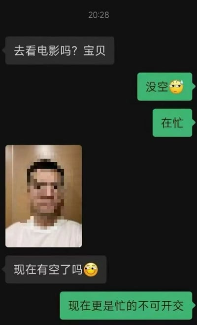 这是一张聊天记录截图，显示了一段约电影被拒的对话。上方聊天框中，一方在20:28发送“去看电影吗? 宝贝”，另一方用绿色气泡回复“没空😩”和“在忙”。对话下方配有一张人物面部被模糊处理的照片，可能暗示“在忙”的说法与实际状态不符，形成幽默反差。