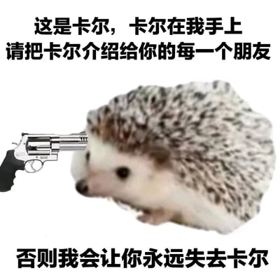 图片中央是一只毛发呈灰白相间的小刺猬，被命名为“卡尔”。其左侧有一把银色左轮手枪正对准它的头部，营造出一种幽默的“威胁”氛围。图片上方配有文字“这是卡尔，卡尔在我手上 请把卡尔介绍给你的每一个朋友”，下方文字为“否则我会让你永远失去卡尔”。整体通过可爱动物与武器的反差萌，以调侃的方式达到鼓励用户分享的目的。
