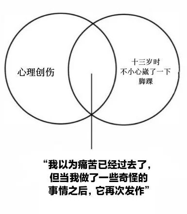 图片为一个双圆重叠的维恩图，左侧圆圈标注“心理创伤”，右侧圆圈标注“十三岁时不小心崴了一下脚踝”，两圆重叠部分未直接标注文字。图片底部配有文字：“我以为痛苦已经过去了，但当我做了一些奇怪的事情之后，它再次发作”。该图通过维恩图的形式，幽默地将心理创伤与年少时的轻微脚踝扭伤并列，暗示两者在“痛苦复发”这一点上具有相似性，用夸张对比的方式讽刺某些心理感受或回忆的突发性重现。