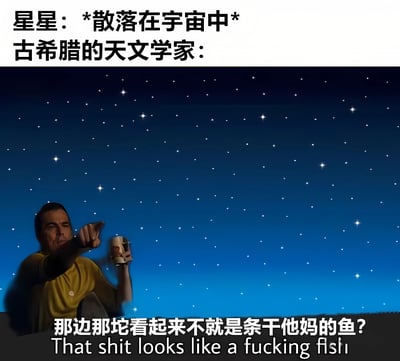 这张梗图以幽默方式调侃古希腊天文学家命名星座的过程。图片上方文字写着“星星：*散落在宇宙中* 古希腊的天文学家：”，下方是一位穿着黄色衣服的男子，他手指着星空，手中还拿着一个杯子，底部配文“那边那坨看起来不就是条干他妈的鱼？”并附有英文翻译“That shit looks like a fucking fish”。通过粗俗直白的语言，夸张地表现了古人可能随意将星群联想成特定形状并命名的过程，制造出滑稽效果。
