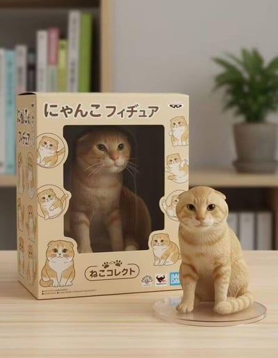 图片展示了一款万代出品的超写实橘色折耳猫手办，手办端坐于透明圆形底座上，毛色纹理、面部神态都高度还原真实的橘色折耳猫，平静温和的模样十分治愈。旁边是该手办的包装盒，盒身印有日文名称“にゃんこフィチュア（猫咪手办）”“ねこコレクト（猫咪收藏）”以及多幅猫咪卡通图案，透过盒面开窗可看到内部的手办本体。背景是摆放着书籍和绿植的温馨桌面，进一步烘托出手办的可爱质感与高还原度。