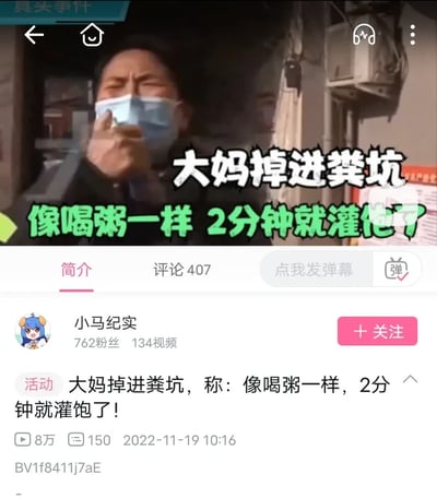 这是一张视频截图，显示了一位大妈在小巷中掩鼻的场景。图片上方有醒目的标题文字“大妈掉进粪坑”和“像喝一样 2分钟就灌饱了”，使用了夸张的表述来吸引眼球。截图下方显示这是来自“小马纪实”账号的视频内容，发布于2022年11月19日10:16，已有8万播放量和407条评论。视频标题为“大妈掉进粪坑，称：像喝粥一样，2分钟就灌饱了！”，整体呈现出一种追求轰动效应的新闻报道风格。
