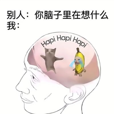 这是一张幽默梗图，上方文字写着"别人：你脑子里在想什么 我："，下方是一个头部轮廓，大脑区域内有两个卡通形象：一个双臂张开的小动物和一个哭泣的香蕉人，上方还有"Hapi Hapi Hapi"的文字。通过夸张对比表现了当别人询问自己想法时，自己大脑中其实充满了无厘头、无关紧要的内容。