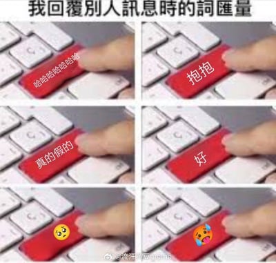这是一张六格拼接的玩梗图，顶部标题为“我回覆別人訊息時的詞匯量”，每一格都展示键盘上一个被标红的自定义按键，都有一只手的手指放在按键上模拟按下发送的动作，六个按键从上到下、从左到右内容依次是“哈哈哈哈哈哈哈”、“抱抱”、“真的假的”、“好”、担忧emoji、流汗黄豆emoji，整体调侃了当代网民在网上回复他人讯息时，可用的词汇量越来越少，大多只用简单的几个词语或者表情就完成回复的普遍现状。