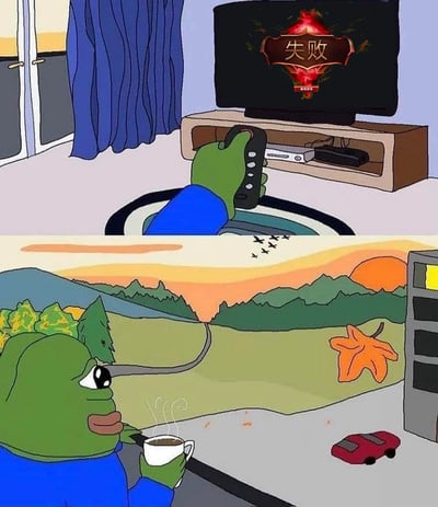 这是一张上下拼接的卡通漫画，主角是经典网络迷因形象悲伤蛙Pepe。上半部分为室内场景：悲伤蛙手持遥控器，面前的电视屏幕显示游戏“失败”的界面，传递出刚经历游戏失利的失落感；下半部分切换至户外黄昏场景：悲伤蛙坐在户外，手捧热咖啡，望着远处层叠的山林、落日余晖下的蜿蜒小路，身旁飘落着枫叶，飞鸟掠过天际，整体氛围宁静治愈，展现了角色在虚拟游戏受挫后，转向现实自然场景寻求情绪慰藉的状态。