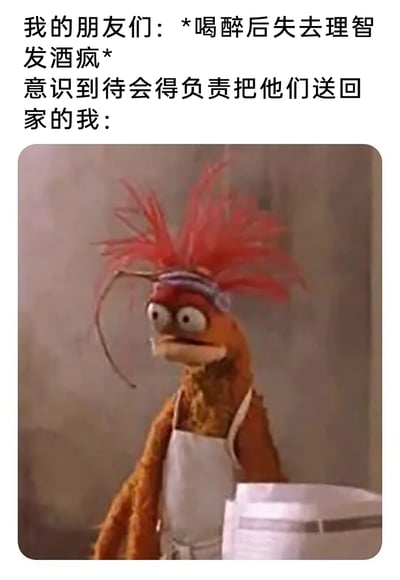 这是一张用来吐槽聚会后被迫照顾醉酒朋友的梗图，上方文字构建了一个日常场景：朋友们在喝醉后失去理智发酒疯，而“我”突然意识到自己需要负责把这些醉酒的朋友都送回家；下方搭配的是经典布偶系列中的角色图片，该角色头发炸起，双眼瞪大，眉头紧皱，满脸都是烦躁、无奈又崩溃的神情，精准地表现出此刻“我”不想面对麻烦但又不得不承担的心情，非常贴合现实中这类场景下人们的真实心态，容易引发共鸣。