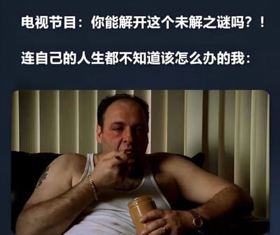 这张梗图通过上下对比的文字和画面，幽默地表达了生活中的一种常见困境。上方文字模拟电视节目引人入胜的提问："电视节目：你能解开这个未解之谜吗？！"，下方文字则是自嘲式的回应："连自己的人生都不知道该怎么办的我："。图片主体是《黑道家族》中的主角Tony Soprano穿着白色背心，坐在沙发上神情麻木地直接用勺子吃花生酱，完美诠释了面对生活难题时的无力感和逃避心态。