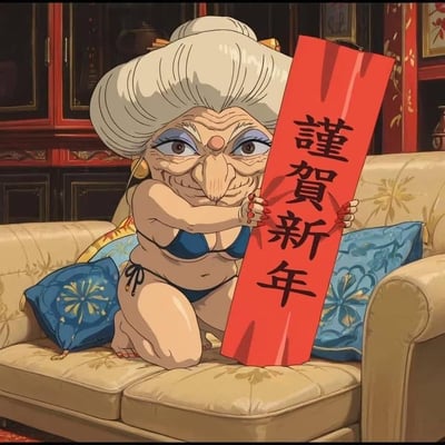 这是一张恶搞动漫角色的新年整活图，出自《千与千寻》的汤婆婆被改成穿着深蓝色比基尼的形象，跪坐在带有花纹的欧式沙发上，双手抱着写有「谨贺新年」的红色竖幅，原本严肃的角色搭配违和的穿搭，用强烈的反差感制造出搞笑搞怪的效果，适合新年时用来整活送祝福。
无谐音梗或双关暗示，仅靠形象反差带来趣味。