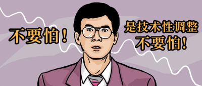 图中是港剧《大时代》角色丁蟹的卡通化形象，背景为紫色，带有白色股市下跌曲线。角色戴着眼镜，穿着紫色西装，表情惊讶。左侧文字'不要怕！'和右侧文字'是技术性调整不要怕！'突出显示，整体表现股民面对股市下跌时的无奈心态，是中文互联网股市文化的经典梗图。