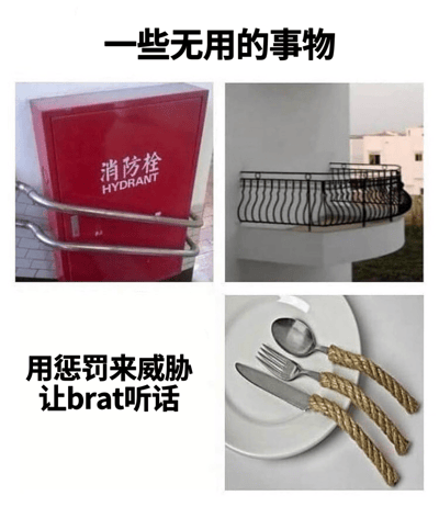 这是一张由三张图片组成的拼贴梗图，标题为"一些无用的事物"。第一张图展示了一个被金属栏杆完全挡住的红色消防栓箱，使其无法打开使用；第二张图是一个设计不合理的阳台护栏，栏杆之间的间隙过大，失去了防护作用；第三张图是一套餐具，刀叉勺的手柄被替换成了粗绳索，既不实用也不舒适。图片下方还有一行文字："用惩罚来威胁让brat听话"，暗示这些设计就像无效的惩罚一样毫无用处。