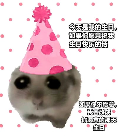 这是一张静态趣味表情包，主体是一只灰色仓鼠，它有着圆溜溜的黑眼睛，神情委屈巴巴，头顶被P上了一顶带有粉色圆点装饰的粉色生日帽，背景也布满了粉色小圆点，整体风格软萌可爱。图片右侧分上下两段配有文字：“今天是我的生日，如果你愿意祝我生日快乐的话”“如果你不愿意，我会改成你愿意的那天生日”，用带着小委屈的软乎乎语气来索要生日祝福，既有趣又能让人不忍心拒绝，非常适合在生日时分享给亲友，以可爱的方式讨要祝福。