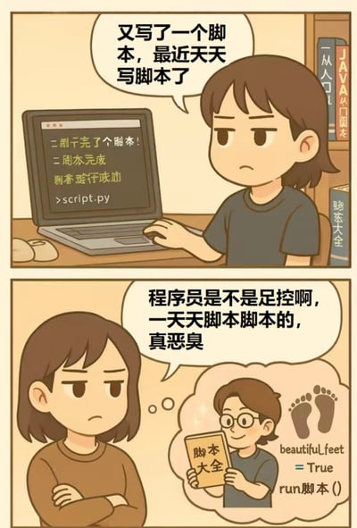 这是一幅两格漫画，通过谐音梗幽默地表现了非程序员对编程术语的误解。上格中一位程序员坐在电脑前说自己最近天天写脚本，电脑屏幕上显示着'script.py'文件；下格中另一个人双臂交叉，疑惑程序员是不是足控，因为他们总说'脚本'，并在脑海中想象程序员拿着《脚本大全》和脚印图案的画面，旁边还有'beautifulLife = True'和'run脚本()'的搞笑代码。