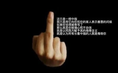 这是一张顶配底文的静态图文混排图，背景为纯黑色，画面主体是一只真人的手，手做出竖起中指的动作，在画面的右侧配有一段文字。文字内容为“这只是一根中指
我只是用它向你和你的家人表示善意的问候
如果你觉得被辱骂了
那么就是你玻璃心和不自信
就是认同西方赋予其的侮辱含义
就是认为所有长着中指的人就是侮辱你”。竖中指在普遍认知中是带有侮辱、冒犯性质的行为，而这段文字通过偷换概念、指责对方的方式，试图将该冒犯性行为包装成“善意问候”，属于典型的强词夺理式的网络诡辩话术，目的是在争执中颠倒黑白，压制对方。