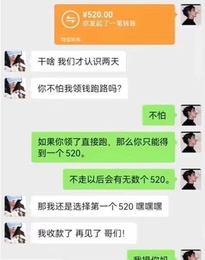 这是一张微信聊天记录截图，内容是一名男子给刚认识两天的女生转账了带有表白寓意的520元，女生疑惑询问男方不怕自己收钱跑路，男方自信表示对方跑路只能拿到这一个520，要是留下以后会有无数个520，没想到女生完全没有被他的话术打动，直接选择收下这一个520还和男方道别，男方最后直接暴怒爆粗，反转的剧情充满搞笑效果，调侃了自以为是的撩拨套路反而会翻车的情况。