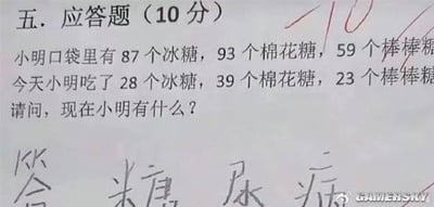 这是一张小学数学或生活常识题目的试卷截图，题目本意是考察减法计算：小明原有很多糖，吃了部分后还剩多少。孩子机智地写出“糖尿病”，违背了题目的传统解法，幽默地用生活常识回答，直接戳中了大家对健康的担忧，形成了讽刺效果。体现了学生童真和现实联系的搞笑脑洞。图片常见于网络段子流传场合。