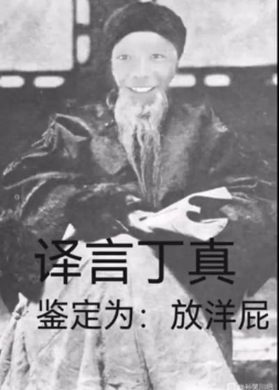 本图采用典型的“一眼丁真”梗结构，将“译言”（暗指‘翻译’或‘外来语言’）与丁真结合，加入“鉴定为：放洋屁”后半句。整体表达对“翻译”或“洋味言论”的调侃，暗讽内容空洞或装腔作势。黑白照片提升了老派讽刺感，“放洋屁”系中文谐音梗和网络流行词，表达幽默和不屑。

本图涉及谐音梗、对比反转、鉴定格式模仿，风格搞笑带有强烈反讽色彩，常用于群聊场合快速表达吐槽。