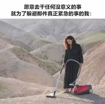 图片上方配有文字“愿意去干任何没意义的事 就为了躲避那件真正紧急的事的我:”，下方画面中一名身着黑色长裙的女子赤脚站在荒漠般的山地斜坡上，手持红色吸尘器认真地对着沙地吸尘。整体通过荒诞的场景（在沙漠中吸尘这种无意义行为）与文字结合，幽默地展现了人们为逃避真正紧急的任务而沉迷于无关紧要之事的状态。