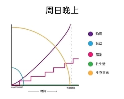 这是一张以“周日晚上”为主题的趣味折线统计图，横轴代表流逝的时间，终点为“休息时间”。图中用五条不同的曲线生动呈现了人们在周日晚上的各项状态变化：
1. 运动：在时间初期就迅速降至零点，反映出周日晚上几乎不会产生运动的意愿；
2. 恐慌：随着时间推移持续陡峭上升，越接近休息时间，对即将到来的周一工作或上学的恐慌感就越强烈；
3. 娱乐：以阶梯式缓慢上升，形象表现出人们通过不断进行娱乐活动来拖延休息、逃避工作日的心态；
4. 性生活：全程数值为零，完全没有相关意愿；
5. 生存意志：随着时间推移持续下降，临近休息时间时直接归零，精准表现出面对新一周的疲惫与抗拒。
这张图精准戳中了当代打工人和学生群体的“周日焦虑”痛点，用夸张且写实的曲线变化，将周日晚上从拖延逃避到恐慌焦虑的复杂心态具象化，引发广泛共鸣。