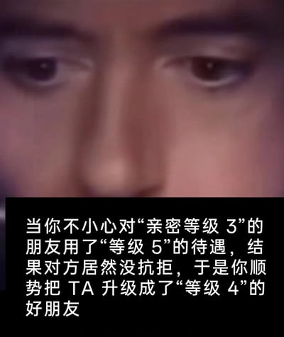 这是一张图文混排的静态图，上方为真人面部特写，人物眼神低垂，神情带着试探感，契合文字描述的社交试探场景；下方黑色背景配白色文字，生动描述了一个社交中的小策略：对关系处于“亲密等级3”的朋友，试探性使用更亲密的“等级5”相处待遇，在对方不抗拒后，顺势将这段关系升级为“等级4”的好友关系，用略带狡黠的方式展现了社交中试探、进阶亲密关系的趣味过程，容易引发人们对社交边界与关系进阶的共鸣。