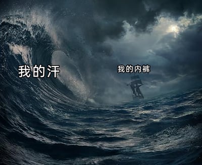 这是一张充满幽默夸张效果的搞笑梗图，画面呈现出阴沉风暴天气下的凶险海面：一侧是遮天蔽日的巨型海浪，被标注为“我的汗”；另一侧是在汹涌浪涛中摇摇欲坠的小船，被标注为“我的内裤”。创作者通过将“大量出汗”的生活场景与“海难风暴”的灾难画面进行类比，把汗水浸透内裤的窘迫状态具象化为小船在滔天巨浪中挣扎的惊险场景，用极具冲击力的视觉效果调侃天气炎热、运动或紧张时出汗过多的尴尬处境，夸张的比喻让生活中的小窘迫充满了戏剧性的笑点。