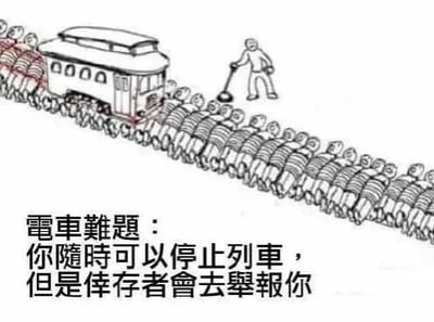 一张线稿风格的电车难题改编图，画面中一列电车行驶在轨道上，轨道前方有大量排列整齐的人形轮廓。轨道旁有一个手持控制杆的小人。图片下方配有文字：'电车难题：你随时可以停止列车，但是幸存者会去举报你'，通过反转经典伦理难题中'牺牲少数拯救多数'的设定，加入现代社会中'做好事反被指责'的讽刺元素，制造黑色幽默效果。