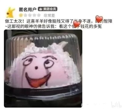 这是一张美团外卖平台的用户评价截图，匿名的美团会员用户为购买的喜羊羊主题蛋糕给出了一星“非常差”的差评。评价内容用夸张且犀利的语言吐槽蛋糕做工极差，称蛋糕上的喜羊羊形象仿佛“脑残又得了半身不遂”，还调侃这个怪异的形象眼神里带着鄙视，像是在嘲笑自己花了冤枉钱。下方的实拍图展示了这款离谱的蛋糕：粉色的蛋糕体上，用奶油和色素绘制的喜羊羊形象完全偏离原版，眼睛歪扭不对称，吐着夸张的舌头，神态怪异滑稽，和用户的吐槽内容完美对应，形成了搞笑又无奈的反差感，图的右下角带有bilibili的水印，说明这张截图可能是在B站被二次传播。
