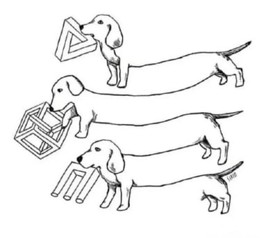 一张黑白线条风格的插画，画面中有三只腊肠犬，每只狗嘴里都叼着一个著名的不可能物体。最上方的狗叼着彭罗斯三角形（一个看似立体却在现实中无法存在的三角形），中间的狗叼着彭罗斯正方形（类似三角形的空间悖论物体），最下方的狗叼着不可能三叉戟（也称为三杆，一种视觉错觉图形）。狗狗们的身体都被画得特别长，形成了有趣的视觉对比。右下角有艺术家签名“SARKO”。
