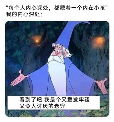 这是一张走反差搞笑路线的梗图，开篇用“每个人内心深处都藏着一个内在小孩”的常规说法引出话题，随后反转展示自己的“内在自我”是迪士尼动画《石中剑》里的梅林巫师形象，并配上“看到了吧 我是个又爱发牢骚又令人讨厌的老登”的自嘲文字，打破大众对“内在小孩”的纯真认知，用调侃的方式表达自己内心充满牢骚、心态老成的状态，制造出强烈的幽默反差。