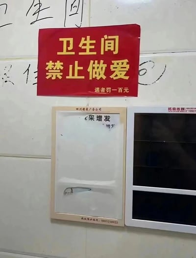 一张拍摄于公共卫生间的照片，墙上挂着一个醒目的红色标语，上面用黄色字体写着“卫生间 禁止做爱 违者罚一百元”。标语下方有两个带框的公告栏，其中一个写着“采增发”和“增笑”等字样，旁边还有联系电话。墙面有一些手写涂鸦痕迹。整个场景因标语内容的直白和罚款金额的荒谬而显得滑稽可笑。