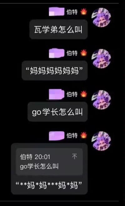 这是一张聊天记录截图，背景为黑色，显示用户“伯特”（紫色头像，带有火焰emoji）的多条消息。内容包括：询问“瓦学弟怎么叫”，得到“妈妈妈妈妈妈”的回复；接着询问“go学长怎么叫”，回复为“***妈*妈***妈*妈”（部分文字被星号遮挡）。最后一条消息时间显示为20:01。整体呈现典型的手机聊天界面样式，消息以气泡形式展示。