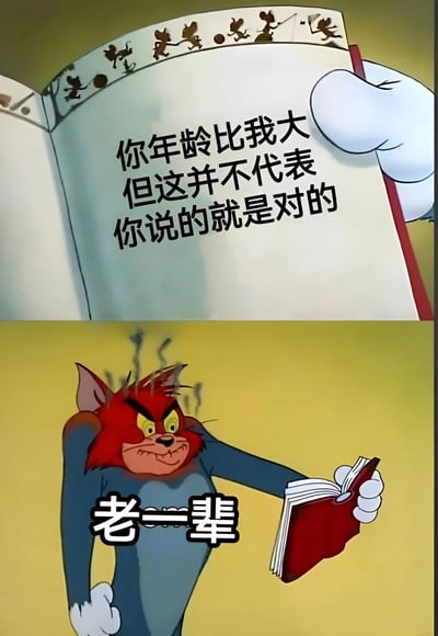 图片分为上下两部分。上半部分显示一只手拿着一本翻开的书，书页边缘有多个小老鼠剪影图案，书上文字为：“你年龄比我大 但这并不代表 你说的就是对的”。下半部分是《猫和老鼠》中的汤姆猫，面色通红，双眼圆睁，头顶冒着怒气，右手拿着一本红色的书，左手叉腰，旁边配有文字“老一辈”。该梗图通过经典动画角色场景，幽默讽刺了“年龄大就一定正确”的观点，常用于表达在争论中对以年龄压人现象的反驳。