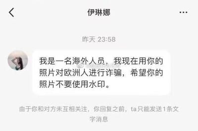 这是一张社交媒体的私信聊天记录截图，显示名为“伊琳娜”的用户在昨日23:58向对方发送了一条离谱消息：自称是海外人员，正在用对方的照片对欧洲人实施诈骗，还要求对方的照片不要使用水印。截图下方还有平台系统提示：“由于你和对方未互相关注，你回复之前，ta只能发送1条文字消息”。整个内容荒诞又离谱，诈骗者毫无遮掩地告知被侵权人自己的诈骗行为，还提出无理要求，让人感到十分无语。