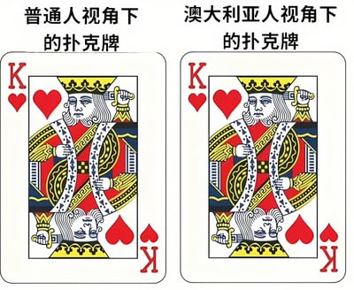 这是一张左右对比的梗图，左侧标题为“普通人视角下的扑克牌”，右侧标题为“澳大利亚人视角下的扑克牌”。两侧均展示了红桃K扑克牌的标准图案，画面内容完全一致，通过这种“无差异对比”制造幽默效果，暗示澳大利亚人眼中的扑克牌与普通人并无不同。