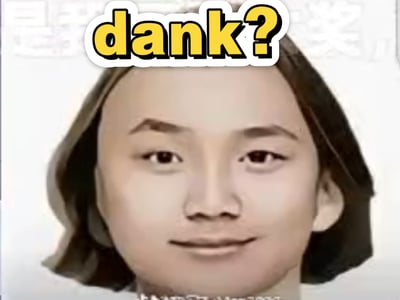 这是一张电竞圈玩梗表情包，主体是一张和CS2职业选手donk长相相似的男性面部图像，人物留着中长发，正对镜头面带平缓微笑，神态略带调侃感。图像顶部叠加了黄底黑边带白色外轮廓的醒目文字“dank??”，玩选手ID“donk”的谐音梗，整体风格搞笑诙谐，用于电竞相关的玩梗场景。