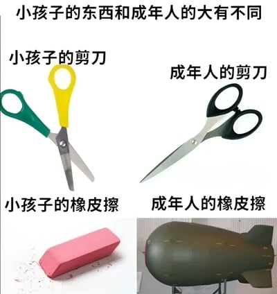图片通过四格对比的形式展示小孩子与成年人物品的差异：左上角是小孩子的剪刀，手柄为黄绿配色，造型圆润；右上角是成年人的剪刀，黑色手柄，刀刃锋利修长。左下角是小孩子的橡皮擦，粉色长方体，周围散落橡皮屑；右下角则用一枚绿色炸弹幽默替代成年人的“橡皮擦”，形成夸张对比。通过日常用品与极端物品的反差制造笑点，暗示成年人面对问题时希望“彻底清除”的强烈愿望。