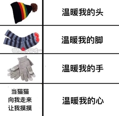 这张梗图用四格的形式，通过帽子、袜子、手套分别对应“温暖我的头、脚、手”，第四格用一句感性的话“当猫猫向我走来让我摸摸”阐述“温暖我的心”，表达了猫咪温暖人心的可爱形象，以及人与猫咪的治愈关系。前三格是生活中的常见保暖用品，最后一格用拟人化、情感化的表达方式作反差，有轻松幽默的效果。

整图有一种温馨、治愈和一点小幽默的气氛，最后一格以突如其来的情感杀点令图片显得有趣，也易于共鸣。没有明显双关或谐音梗，但最后一格确实以感性和反差吸引注意。