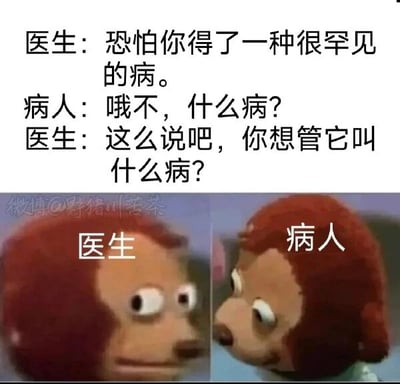 这是一张左右对比的图文混排搞笑梗图，上方为医生与病人的三段对话文字，下方左右两侧分别是标注了“医生”和“病人”的猴子玩偶。对话内容为医生告知病人患上罕见病症，病人焦急询问病症名称时，医生却让病人自行给这个病起名，这个回答的笑点在于暗示医生根本不知道病人的病症，只是用敷衍的话术回应，搭配医生玩偶一本正经的表情与病人玩偶疑惑无奈的表情，形成强烈反差，进一步放大了搞笑效果，讽刺了部分不负责任、敷衍了事的医疗行为。
