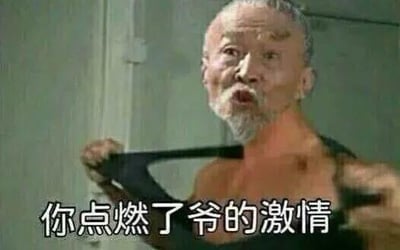 这是一张经过P图改编的搞笑表情包，画面中是一位白发白须的老爷爷，他神态激动亢奋，双手扯着身上的黑色布料，身体姿态夸张，下方配文“你点燃了爷的激情”。用老人反差感的激动神态和口语化的配文，夸张地表达被某事调动起热情、情绪高涨的状态，风格接地气又搞笑，适合用来在社交场景中抒发自己被点燃兴致的心情。