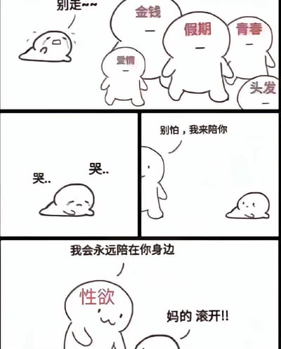 这是一组四格连环卡通漫画，用拟人化的小团子形象精准描绘当代年轻人的无奈生活困境：
1. 第一格：主角小团子哭着挽留代表「金钱、假期、青春、头发、爱情」的美好事物团子，但它们纷纷离它而去；
2. 第二格：主角独自蜷缩在角落，不停哭泣；
3. 第三格：一个陌生小团子上前安慰主角：「别怕，我来陪你」；
4. 第四格：这个团子露出真面目是「性欲」，并表示「我会永远陪在你身边」，主角瞬间愤怒地怒吼「妈的滚开!!」。
漫画用强烈的情绪反转制造笑点，直白地讽刺了当代人在失去生活中各类重要事物后，连不想要的事物都甩不掉的无奈处境，没有双关或谐音梗，靠真实的情绪共鸣和反差感引发笑点。