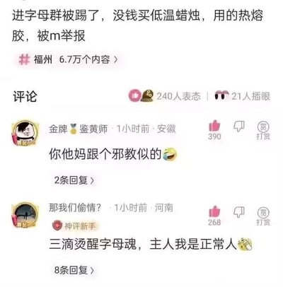 这是一张社交媒体平台的帖子截图，主帖内容为用户分享自己的荒诞经历：进入字母圈相关群聊后被踢出，原因是没钱购买字母圈专用的低温蜡烛，转而使用了热熔胶，结果被M（受虐方）举报。评论区有两条高赞评论：第一条来自用户“金牌鉴黄师”，评论内容为“你他妈跟个邪教似的”并配笑哭表情，获得390个点赞；第二条来自用户“那我们偷情？”，该用户标注有“神评新手”标识，评论内容为玩梗的“三滴烫醒字母魂，主人我是正常人”并配捂嘴笑表情，获得268个点赞。整个内容围绕字母圈的搞笑玩梗展开，用廉价日常道具替代专用道具的荒诞行为引发调侃，评论区也紧跟玩梗，充满趣味。