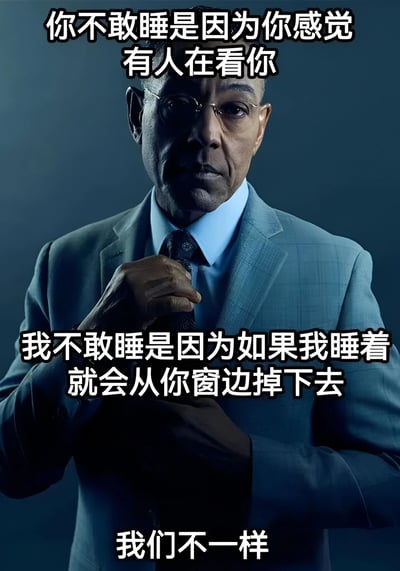 图片展示了一位穿着西装的严肃男性，他正用手指调整领带，背景为深色。图片上有三段文字：上方文字写着“你不敢睡是因为你感觉有人在看你”，中间文字写着“我不敢睡是因为如果我睡着就会从你窗边掉下去”，底部文字写着“我们不一样”。这是一个幽默梗图，通过反转常见的“感觉被注视”的恐惧，创造出喜剧效果——暗示图中人物正是那个在窗外注视的人，而他不敢睡是因为怕从窗台上掉下去。