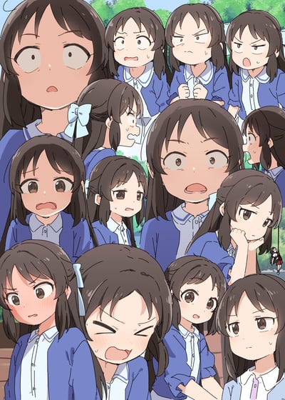 这是一幅日式校园题材卡通插画，画面里一群穿着蓝白校服的女生挤在一起，每个人都展现出截然不同的情绪表情：有瞪大双眼的震惊、眉头紧皱的愤怒、咬牙切齿的不满、托腮思考的疑惑、脸红窘迫的害羞等等，她们的视线都集中在画面右下角远处的一位穿红黑校服的女生身上，生动还原了校园里围观八卦或突发事件时，人群出现各种不同反应的群像场景，没有双关或谐音梗。